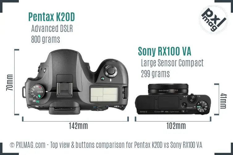 Pentax K20D vs Sony RX100 VA top view buttons comparison