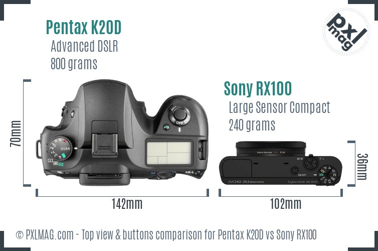 Pentax K20D vs Sony RX100 top view buttons comparison