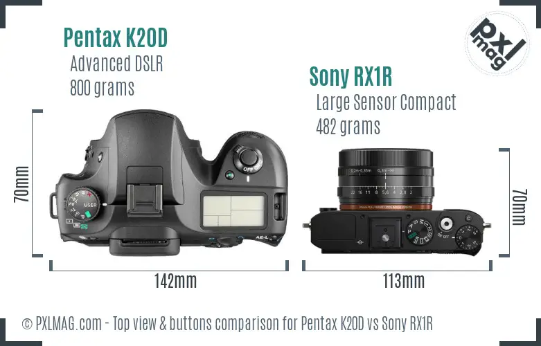 Pentax K20D vs Sony RX1R top view buttons comparison