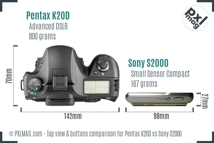Pentax K20D vs Sony S2000 top view buttons comparison