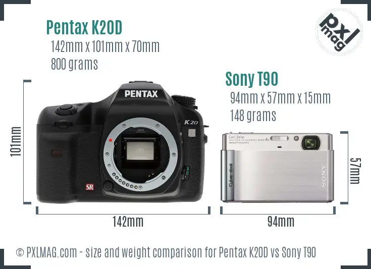 Pentax K20D vs Sony T90 size comparison