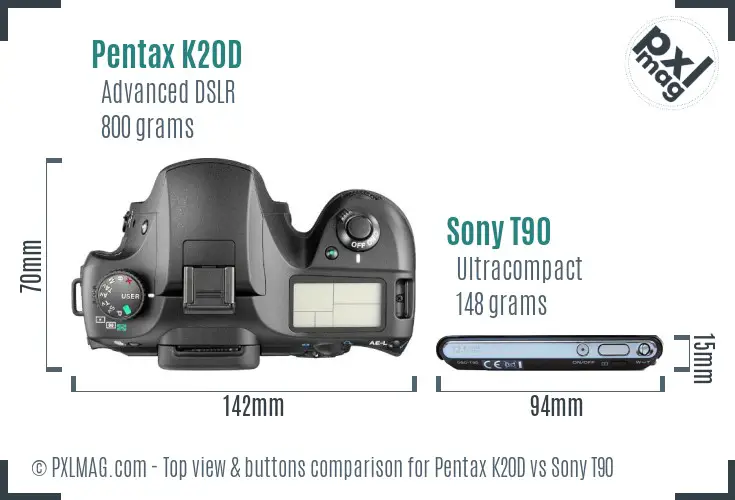 Pentax K20D vs Sony T90 top view buttons comparison