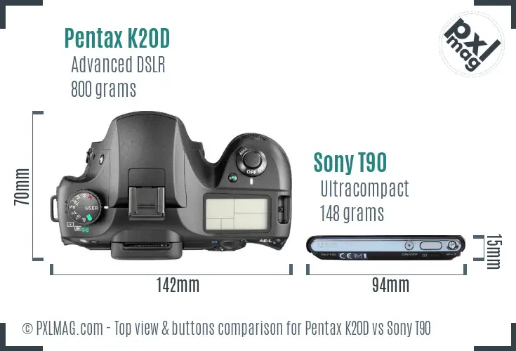 Pentax K20D vs Sony T90 top view buttons comparison Pentax K20D vs Sony T90 top view buttons comparison