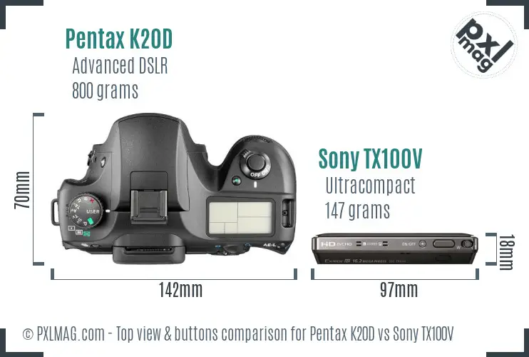 Pentax K20D vs Sony TX100V top view buttons comparison