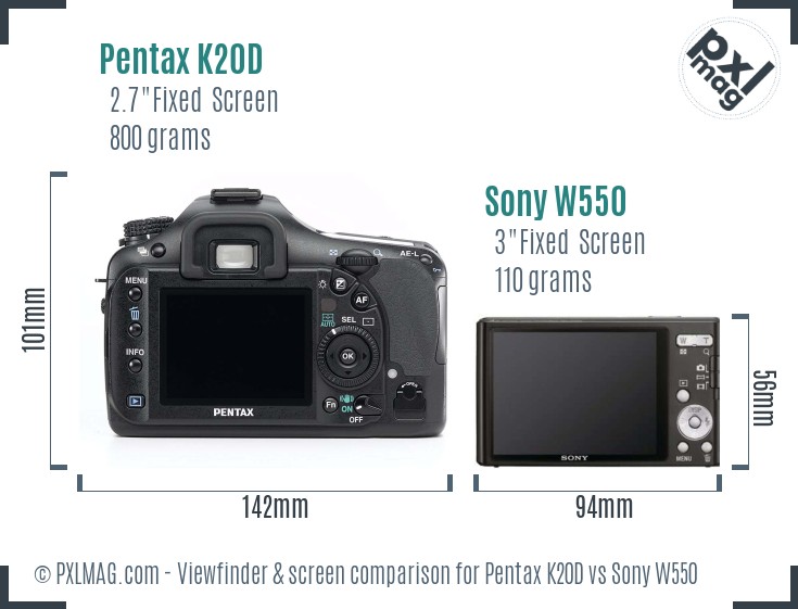 Pentax K20D vs Sony W550 Screen and Viewfinder comparison