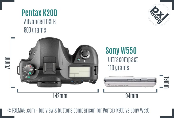 Pentax K20D vs Sony W550 top view buttons comparison