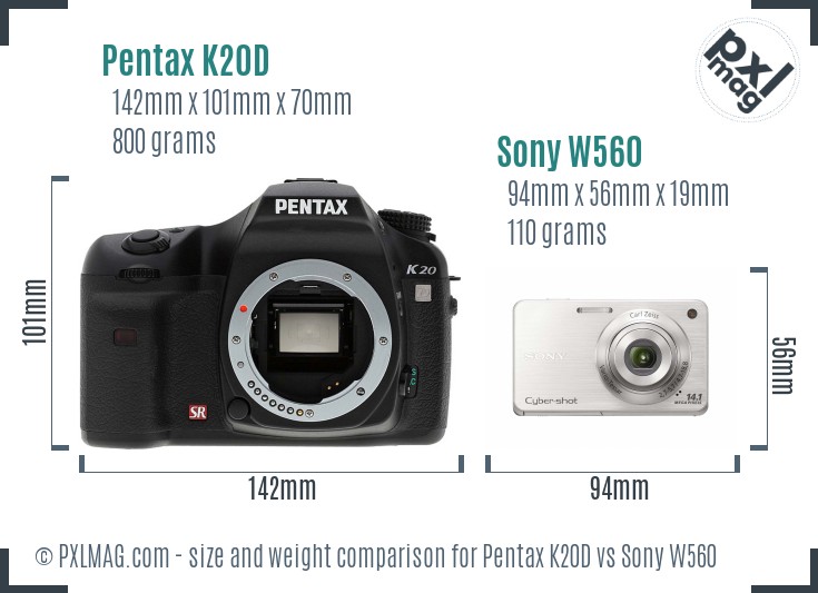 Pentax K20D vs Sony W560 size comparison