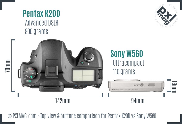 Pentax K20D vs Sony W560 top view buttons comparison