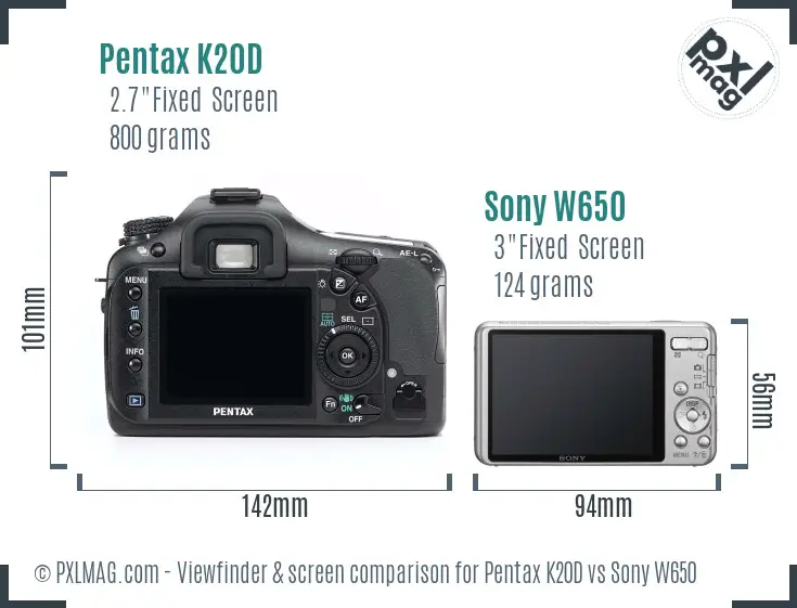 Pentax K20D vs Sony W650 Screen and Viewfinder comparison