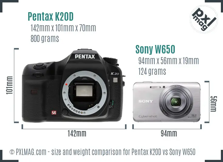Pentax K20D vs Sony W650 size comparison