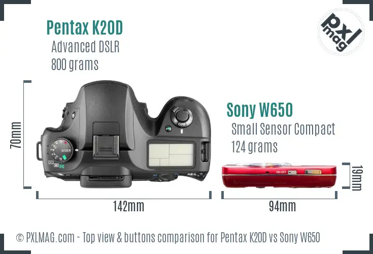 Pentax K20D vs Sony W650 top view buttons comparison