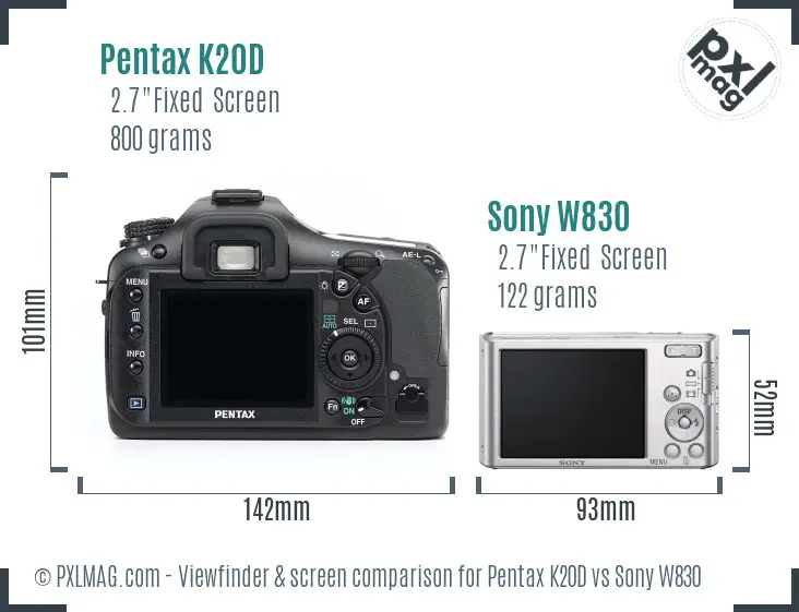 Pentax K20D vs Sony W830 Screen and Viewfinder comparison