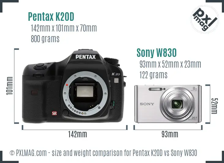 Pentax K20D vs Sony W830 size comparison