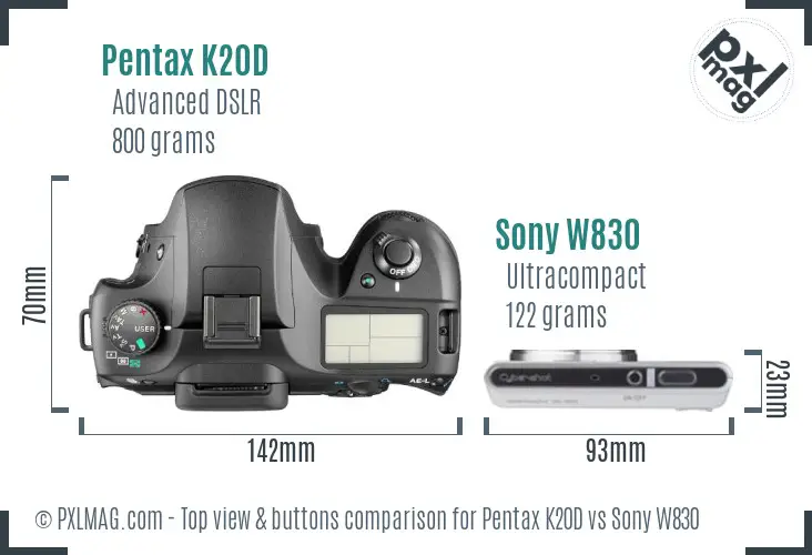 Pentax K20D vs Sony W830 top view buttons comparison