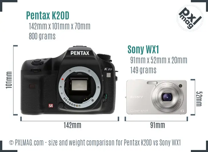 Pentax K20D vs Sony WX1 size comparison