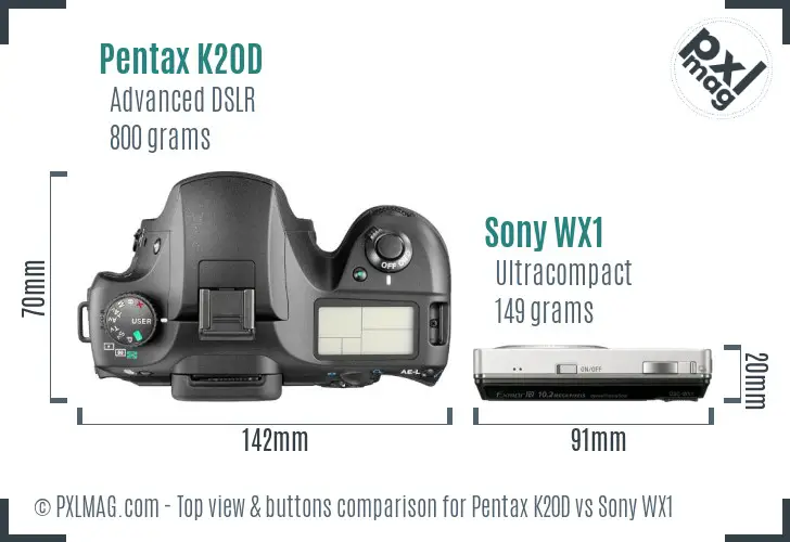 Pentax K20D vs Sony WX1 top view buttons comparison