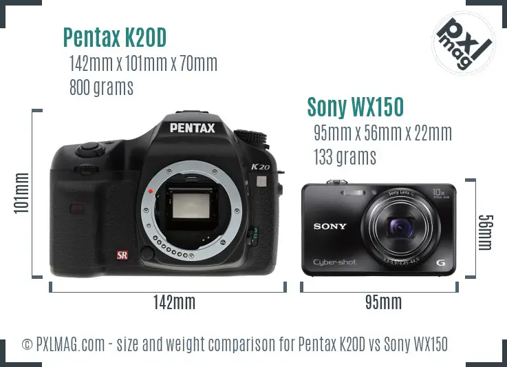 Pentax K20D vs Sony WX150 size comparison