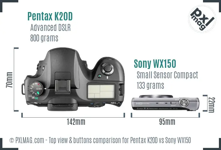 Pentax K20D vs Sony WX150 top view buttons comparison