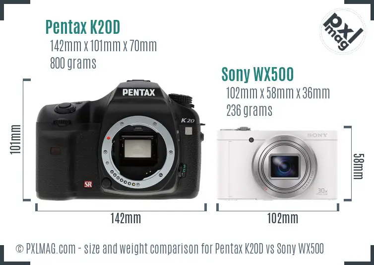 Pentax K20D vs Sony WX500 size comparison