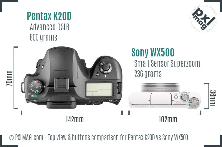 Pentax K20D vs Sony WX500 top view buttons comparison