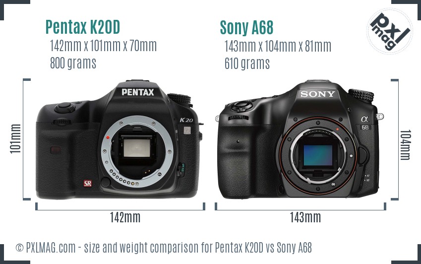 Pentax K20D vs Sony A68 size comparison