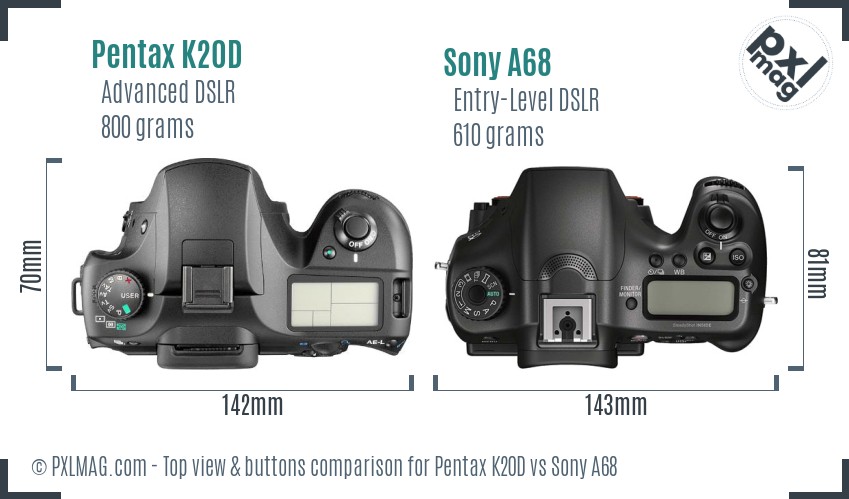 Pentax K20D vs Sony A68 top view buttons comparison