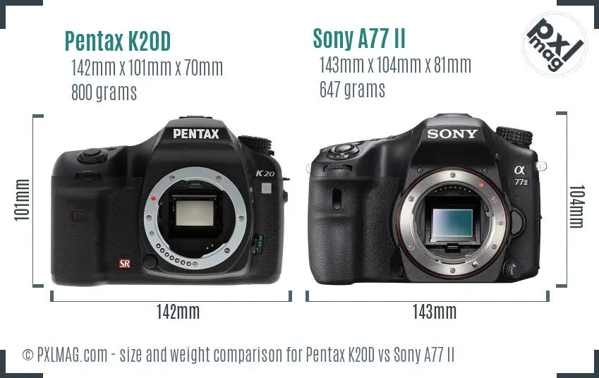 Pentax K20D vs Sony A77 II size comparison