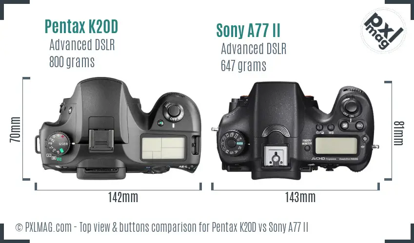 Pentax K20D vs Sony A77 II top view buttons comparison