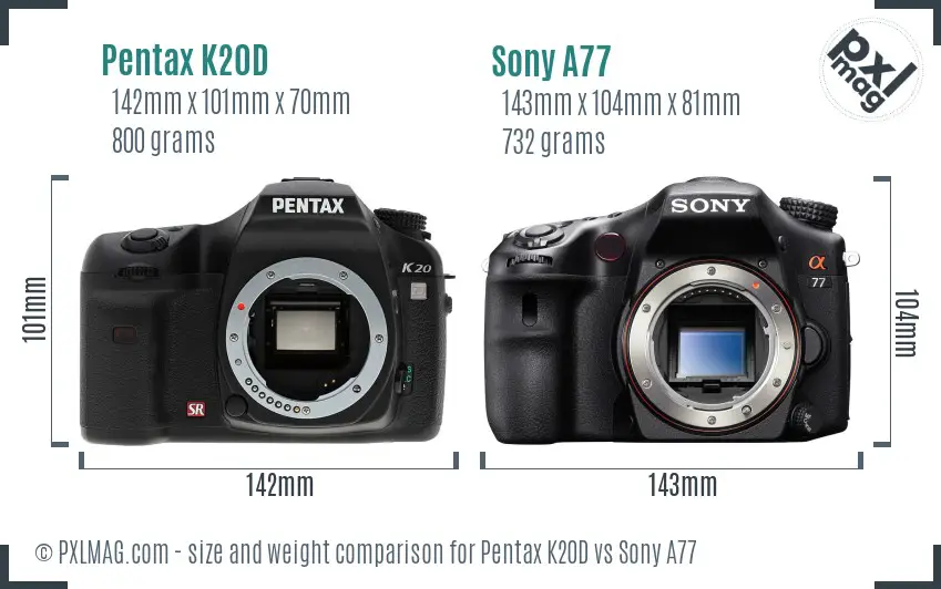 Pentax K20D vs Sony A77 size comparison