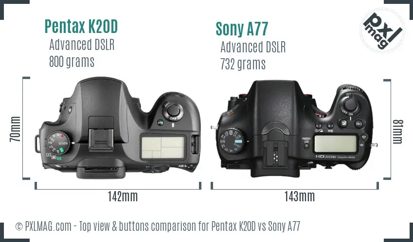 Pentax K20D vs Sony A77 top view buttons comparison