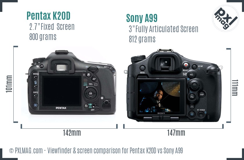 Pentax K20D vs Sony A99 Screen and Viewfinder comparison