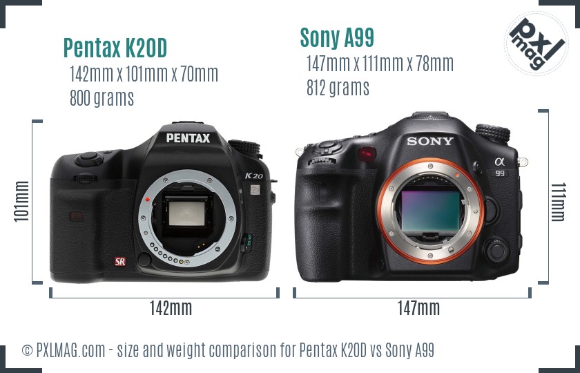 Pentax K20D vs Sony A99 size comparison