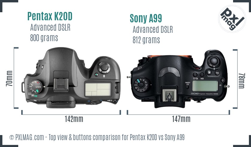 Pentax K20D vs Sony A99 top view buttons comparison