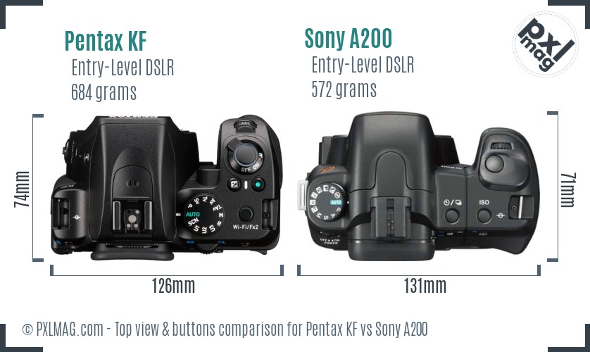 Pentax KF vs Sony A200 top view buttons comparison
