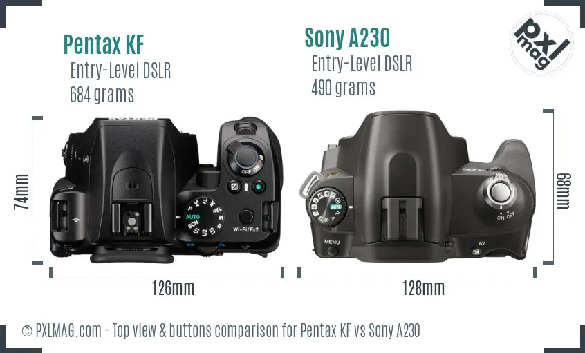 Pentax KF vs Sony A230 top view buttons comparison