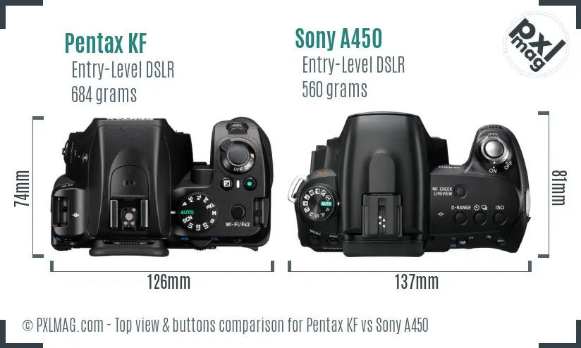 Pentax KF vs Sony A450 top view buttons comparison