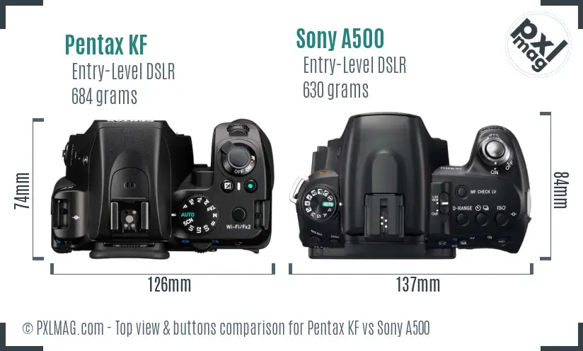 Pentax KF vs Sony A500 top view buttons comparison