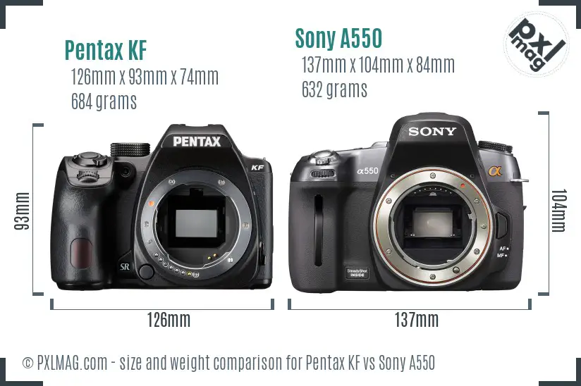 Pentax KF vs Sony A550 size comparison