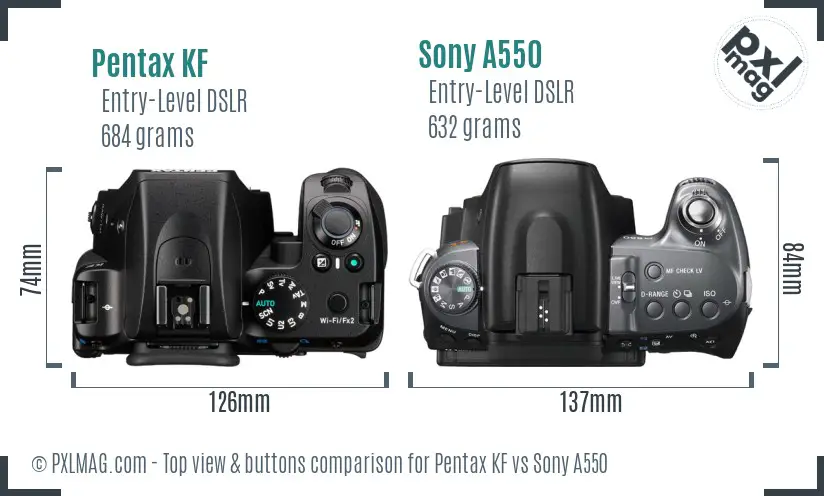 Pentax KF vs Sony A550 top view buttons comparison