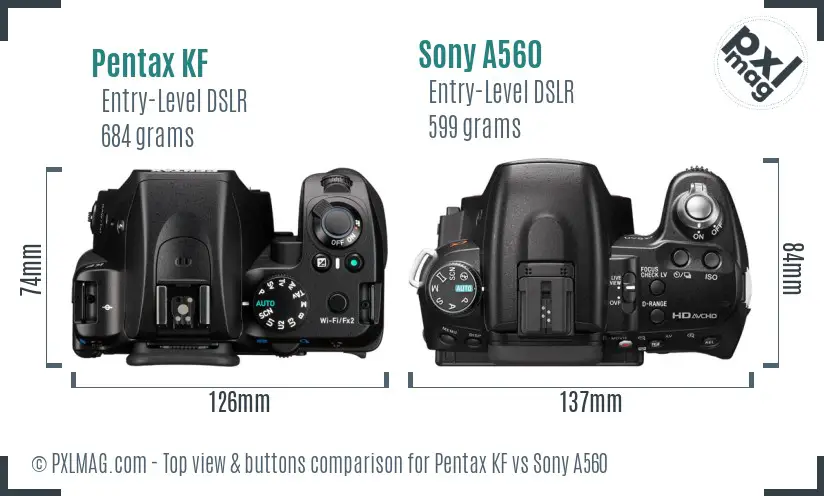 Pentax KF vs Sony A560 top view buttons comparison