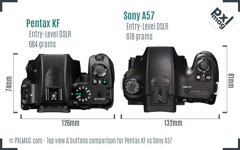 Pentax KF vs Sony A57 top view buttons comparison