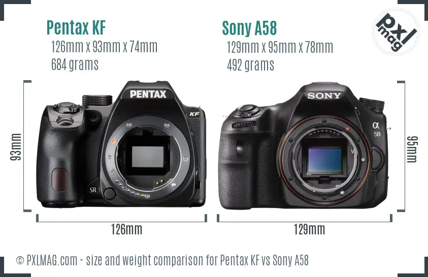 Pentax KF vs Sony A58 size comparison