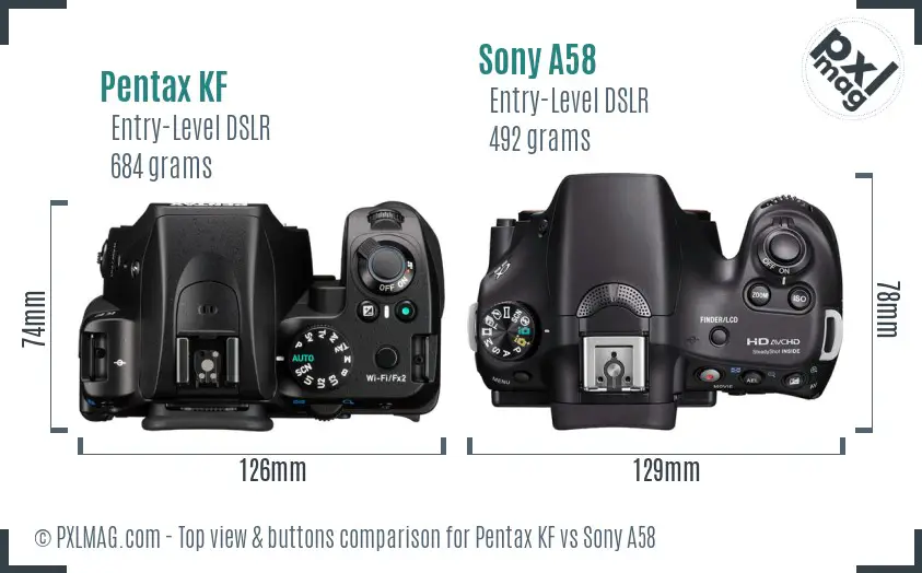 Pentax KF vs Sony A58 top view buttons comparison