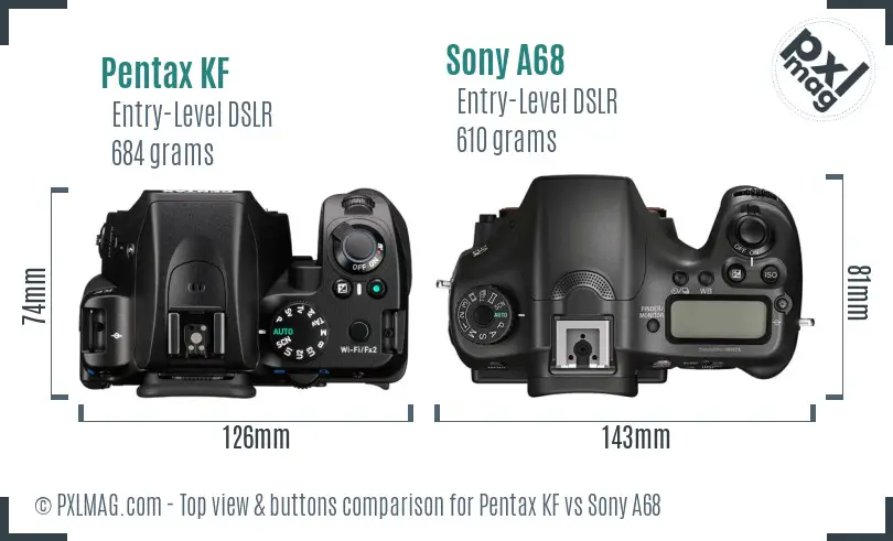 Pentax KF vs Sony A68 top view buttons comparison