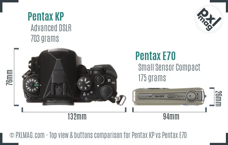 Pentax KP vs Pentax E70 top view buttons comparison