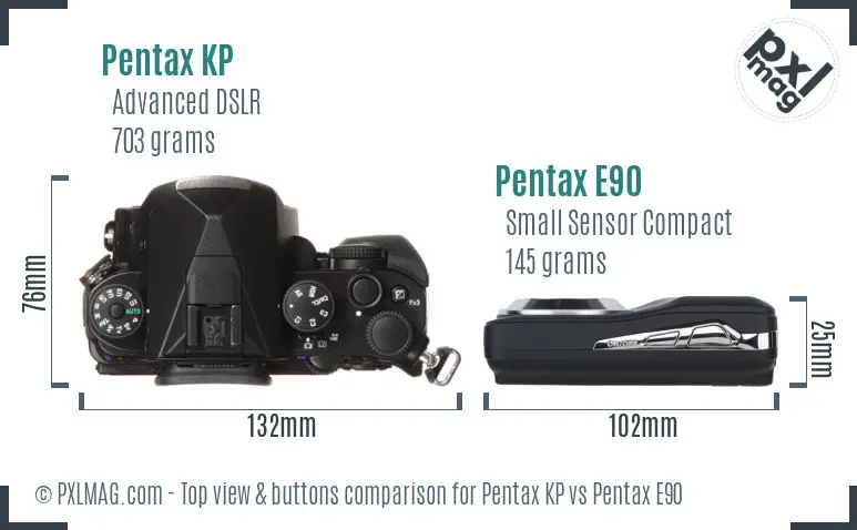 Pentax KP vs Pentax E90 top view buttons comparison