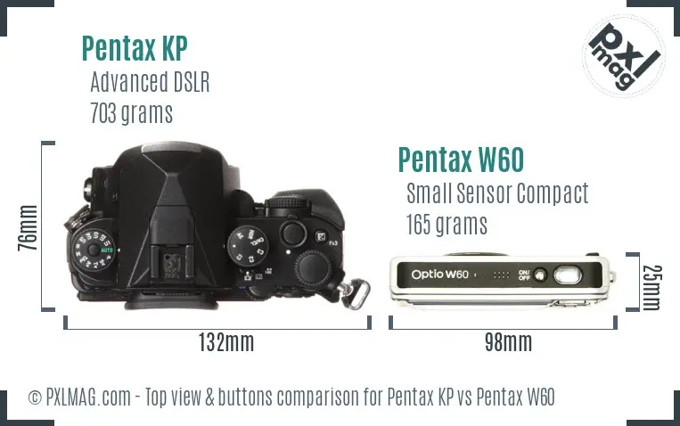 Pentax KP vs Pentax W60 top view buttons comparison