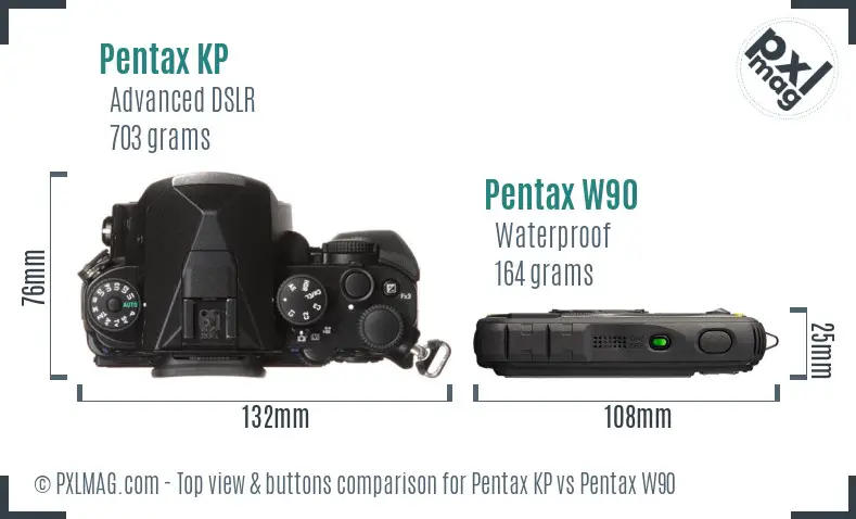 Pentax KP vs Pentax W90 top view buttons comparison