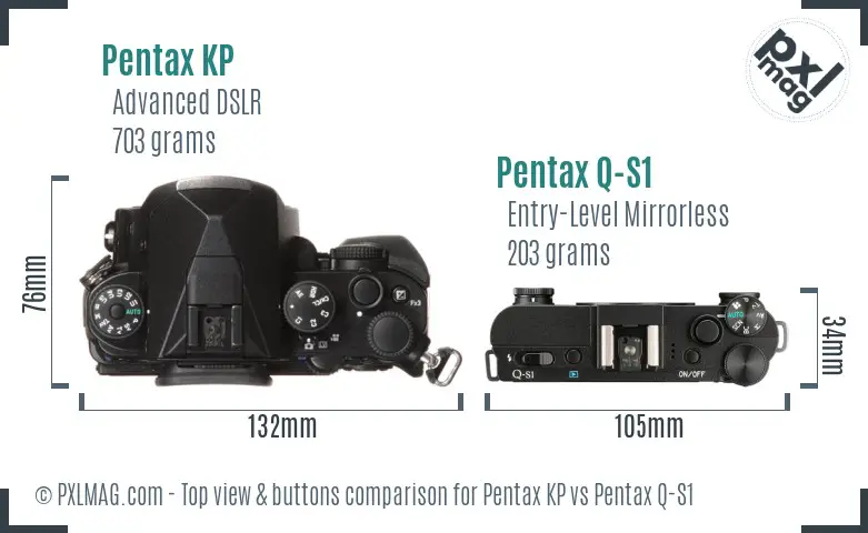 Pentax KP vs Pentax Q-S1 top view buttons comparison