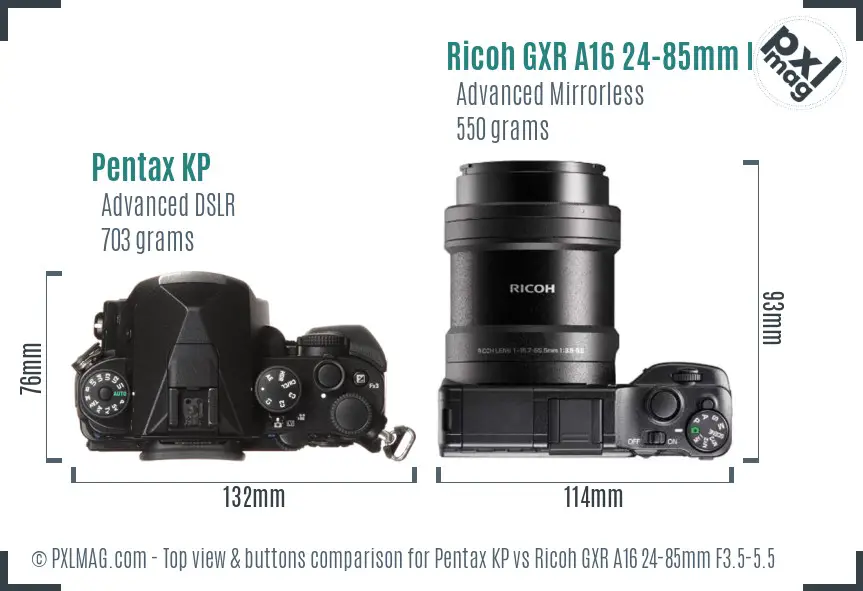 Pentax KP vs Ricoh GXR A16 24-85mm F3.5-5.5 top view buttons comparison